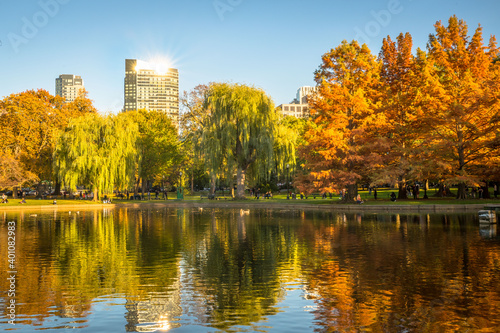 Brilliant fall colors shine bright and reflect in the waters at the Boston Public Garden © Keith J Sfinx