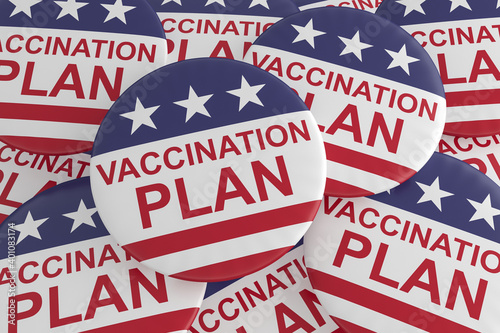 USA Politics Badges: Pile of Vaccination Plan Buttons With US Flag, 3d illustration