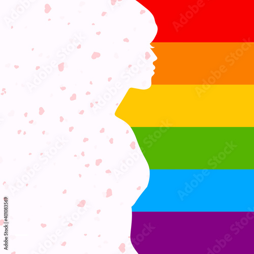 Romantic female silhouette in rainbow colors. Flying hearts. LGBT Pride Month in June. LGBT flag. Rainbow love concept. Human rights and tolerance. Poster, postcard, banner and background. Vector