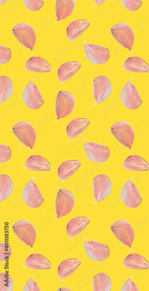 Pattern of fresh raw garlic clove isolated on yellow texture Pattern of fresh raw garlic clove isolated on yellow texture