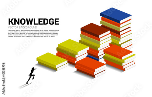 Concept background for power of knowledge. Silhouette of businessman running on stack of books.