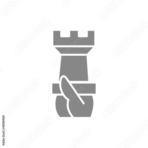 Hand holds a rook chess gray icon. Board game, table entertainment symbol