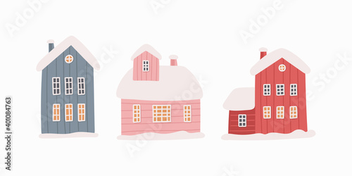 Hand drawn snowy houses vector illustration set. Winter holiday clipart