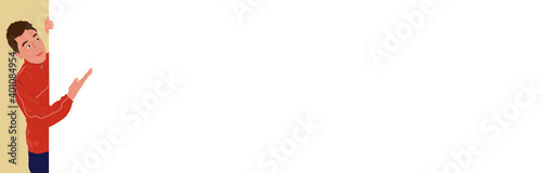 Man pointing to a banner. billboard, signboard, web banner, web header, footer, flier, frame, copy space, vector illustration, graphic, landscape, white board, message, white board, white space,