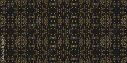 Dark wallpaper background, seamless pattern. Gold ornament on black. Perfect for fabrics, covers, posters, wallpaper. Vector background image