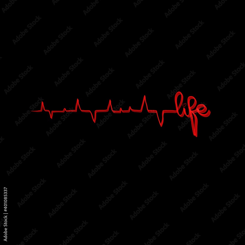 Fototapeta premium Life text black red Heart cardiogram illustration monoline style. Romantic minimalism calligraphy love sign heartbeat. Hand drawn icon Valentines day wedding. Medicine concept symbol for greeting card
