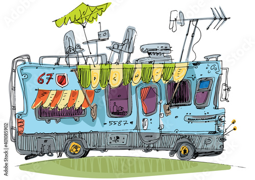 A drawing of camper van with different facilities and fit roof. Caricature handmade sketch of motorhome. Cartoon.