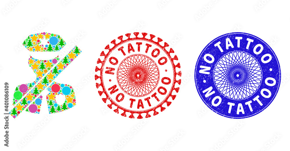 Closed police patrol mosaic of Christmas symbols, such as stars, fir-trees, color circles, and NO TATTOO unclean stamp seals. Vector NO TATTOO stamp seals uses guilloche pattern,