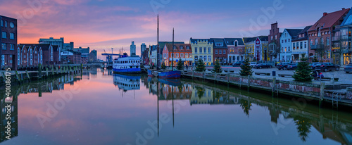 North Sea port city of Husum at Christmas time by sunset. 