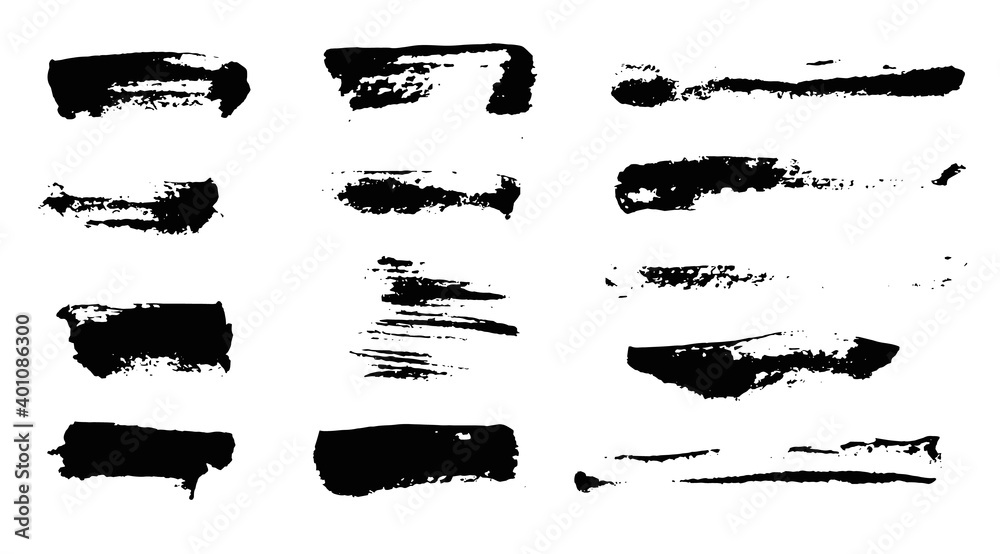 Collection of square isolated black textured grunge brush strokes. Dirty hand drawn inky lines and blobs set for graphic design, decoration