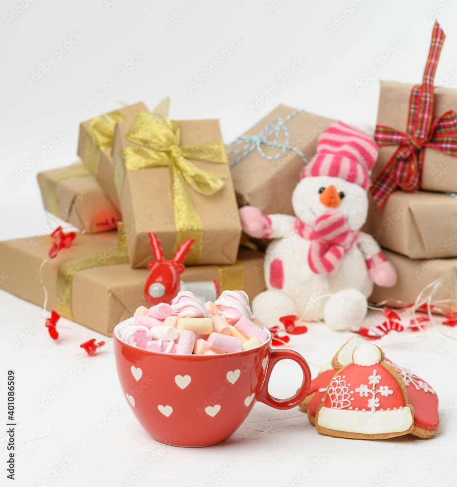 large red ceramic cup with cocoa and marshmallows large red ceramic cup with cocoa and marshmallows