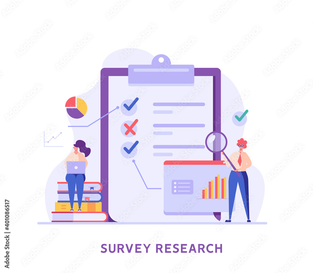 Survey Research. People Standing with Magnifying Glass and Making Social Group Research. Concept of Sociology, Know Your Customer, Checklist. Vector illustration for Web Design
