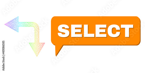 Select and bifurcation arrow left down vector. Spectral colored net bifurcation arrow left down, and chat Select bubble message. Speech colored Select bubble has shadow.