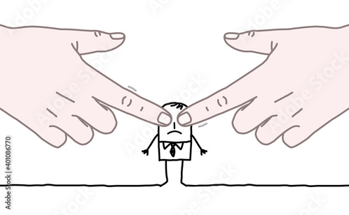 Big Human Hands Closing Eyes of a Cartoon Man