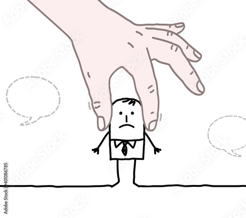 Big Human Hands Covering Ears of a Cartoon Man