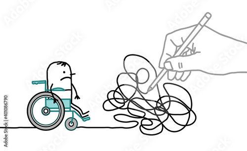 Big Drawing Hand with Cartoon Disabled Man - Tangled Path