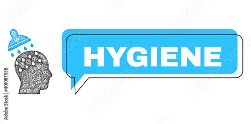 Chat Hygiene blue cloud message and wire frame brain washing. Frame and colored area are shifted for Hygiene caption, which is located inside blue colored cloud.
