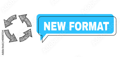 Chat New Format blue cloud message and wire frame circulation. Frame and colored area are misplaced for New Format text, which is located inside blue colored speech balloon.