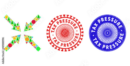 Center arrows collage of New Year symbols, such as stars, fir-trees, color spheres, and TAX PRESSURE rubber stamp prints. Vector TAX PRESSURE stamp seals uses guilloche pattern,