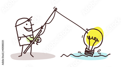 Cartoon Man Fishing a Lightening Bulb