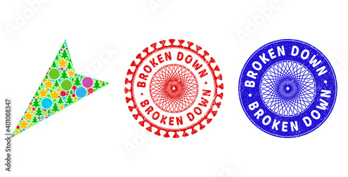 Arrowhead left-down composition of Christmas symbols, such as stars, fir-trees, color circles, and BROKEN DOWN textured stamp seals. Vector BROKEN DOWN imprints uses guilloche ornament,
