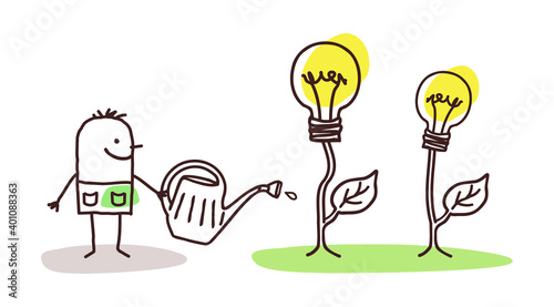 Cartoon Man Watering Growing Lightening Bulbs