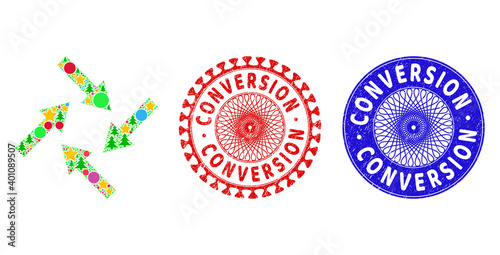 Centripetal arrows mosaic of Christmas symbols, such as stars, fir trees, multicolored balls, and CONVERSION textured stamps. Vector CONVERSION imprints uses guilloche pattern,