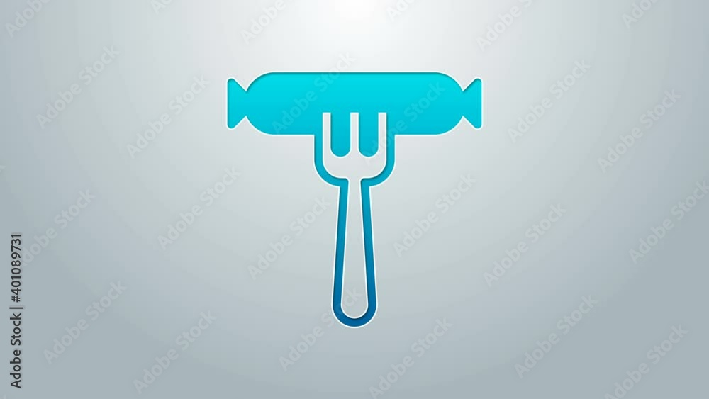 Blue line Sausage on the fork icon isolated on grey background. Grilled sausage and aroma sign. 4K Video motion graphic animation Blue line Sausage on the fork icon isolated on grey background. Grilled sausage and aroma sign. 4K Video motion graphic animation