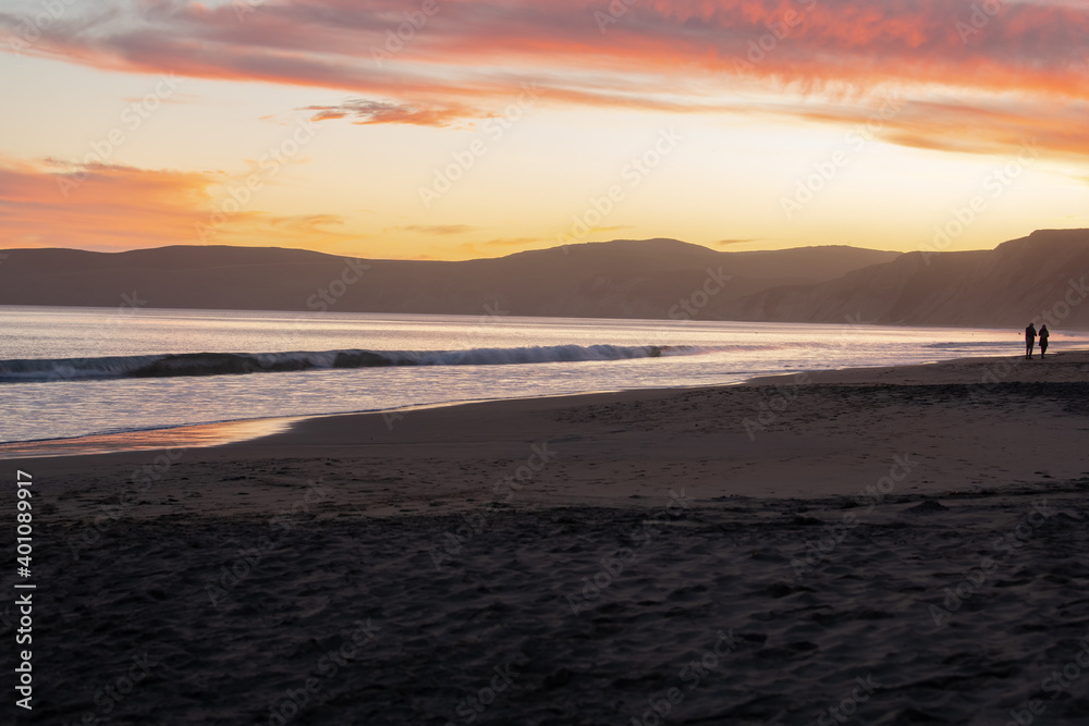 Sunset at Drakes Beach in Point Reyes.