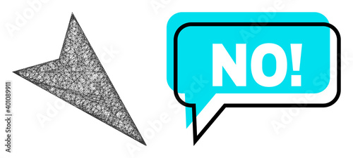 Conversation No! blue bubble frame and network arrowhead right-down. Frame and colored area are misplaced for No! label, which is located inside blue bubble. Vector quote label inside forum frame.