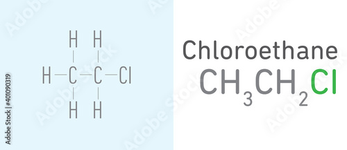 Chloroethane (CH3CH2CI) gas molecule.Stick model. Structural Chemical Formula. Chemistry Education