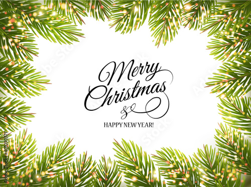 Merry Christmas and New Year Holiday background with tree branches. Vector.