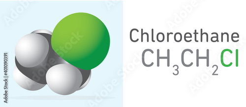 Chloroethane (CH3CH2CI) gas molecule. Space filling model. Structural Chemical Formula and Molecule Model. Chemistry Education
