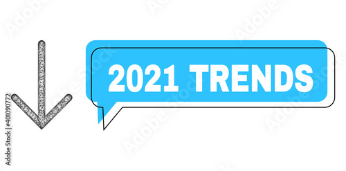Chat 2021 Trends blue cloud frame and wire frame arrow down. Frame and colored area are shifted for 2021 Trends label, which is located inside blue cloud. Vector quote text inside chat contour.