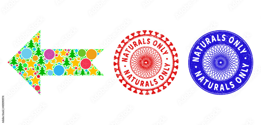 Arrow left composition of New Year symbols, such as stars, fir trees, bright circles, and NATURALS ONLY scratched stamp seals. Vector NATURALS ONLY stamp seals uses guilloche pattern, Arrow left composition of New Year symbols, such as stars, fir trees, bright circles, and NATURALS ONLY scratched stamp seals. Vector NATURALS ONLY stamp seals uses guilloche pattern,