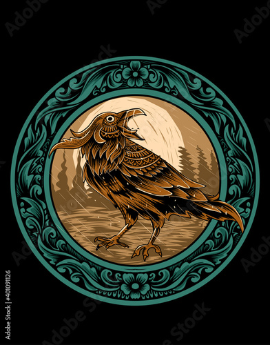 Illustration vector Crow bird with vintage engraving ornament on black background.