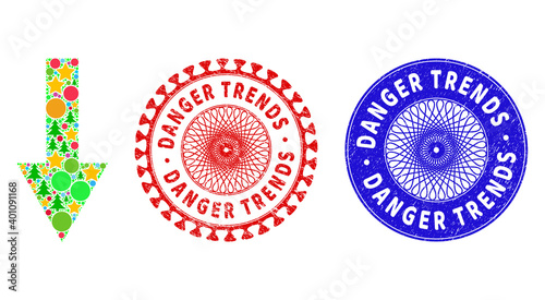 Arrow down mosaic of New Year symbols, such as stars, fir-trees, bright circles, and DANGER TRENDS rubber stamp seals. Vector DANGER TRENDS stamp seals uses guilloche ornament,