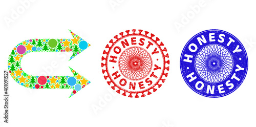 Double right arrow composition of New Year symbols, such as stars, fir-trees, color round items, and HONESTY unclean seals. Vector HONESTY stamps uses guilloche ornament,