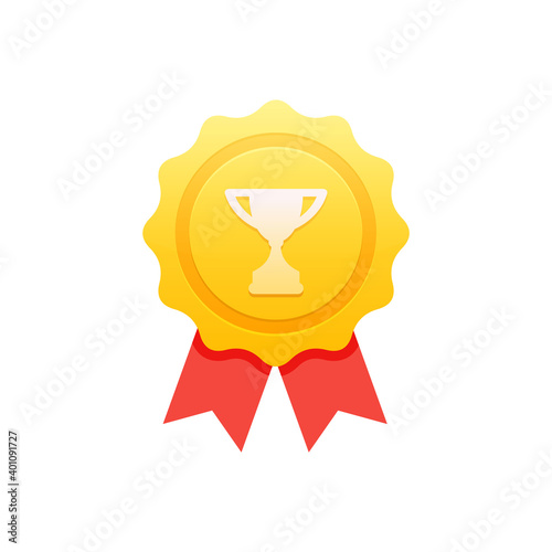 Achievement badge. Premium quality. Achievement or award grant. Winner's trophy icon. Symbol of victory. Goblet icon. Champion trophy cup. Sport cup on stand. Reward badge. First place. Quality mark. 