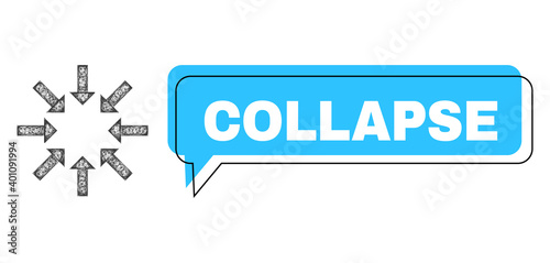 Speech Collapse blue cloud frame and wire frame collapse arrows. Frame and colored area are shifted for Collapse text, which is located inside blue colored bubble.