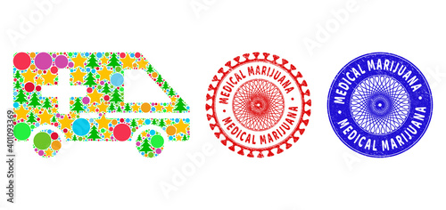 Medical emergency car mosaic of Christmas symbols, such as stars, fir-trees, colored round items, and MEDICAL MARIJUANA unclean stamps. Vector MEDICAL MARIJUANA stamps uses guilloche ornament,
