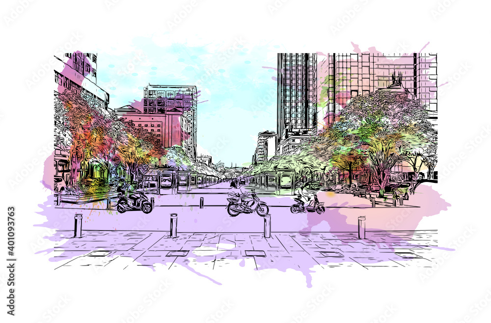 Building view with landmark of Da Nang is a coastal city in central Vietnam. Watercolour splash with hand drawn sketch illustration in vector.