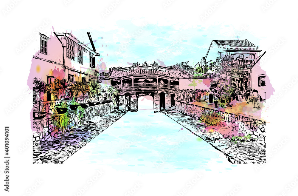 Building view with landmark of Da Nang is a coastal city in central Vietnam. Watercolour splash with hand drawn sketch illustration in vector.