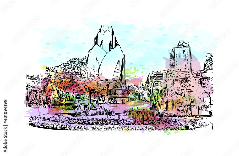 Building view with landmark of Da Nang is a coastal city in central Vietnam. Watercolour splash with hand drawn sketch illustration in vector.
