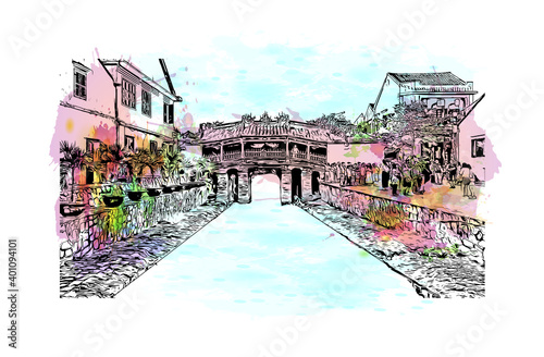 Building view with landmark of Da Nang is a coastal city in central Vietnam. Watercolour splash with hand drawn sketch illustration in vector.
