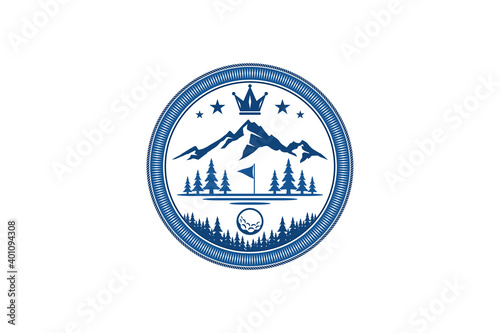 Mountain scene golf club logo emblem, simple minimalist icon. nature symbol pine tree.