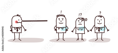 Cartoon Liar Man talking to Listening People