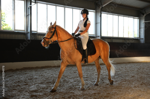Young woman in equestrian suit riding horse indoors. Beautiful pet