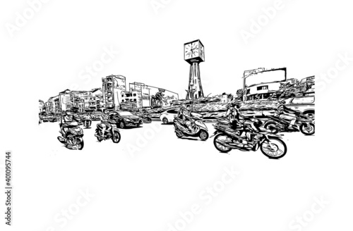 Building view with landmark of Da Nang is a coastal city in central Vietnam. Hand drawn sketch illustration in vector.