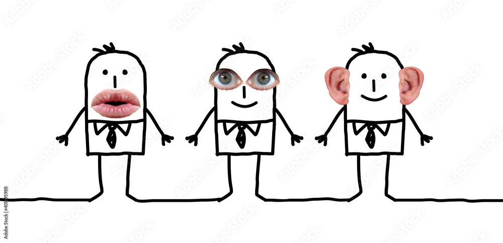 Cartoon three Men opening Mouth, Eyes and Ears Cartoon three Men opening Mouth, Eyes and Ears